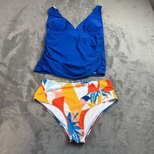 Beachsissi Tankini Swimsuit Womens Large Blue Floral High Waist Two Piece NWT
